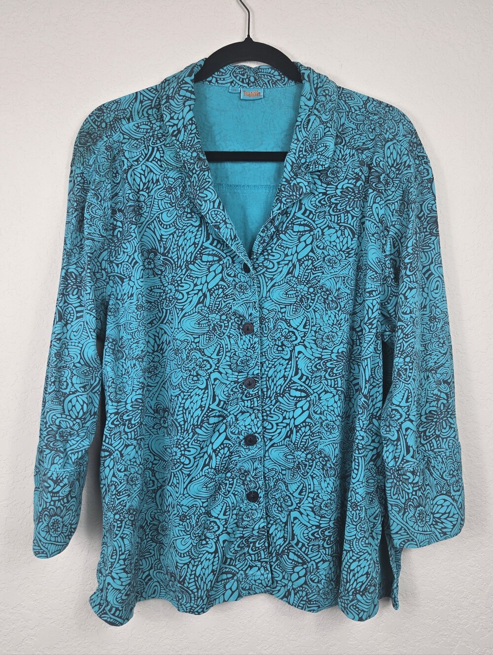Tianello Tencel Teal & Black Paisley Floral Button Down Blouse Size Medium